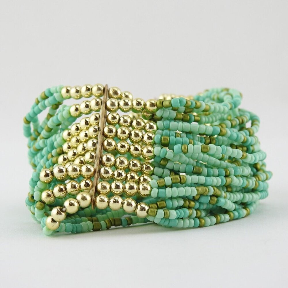 Turquoise & Gold Color Beaded Boho Statement Stretchy Bracelet